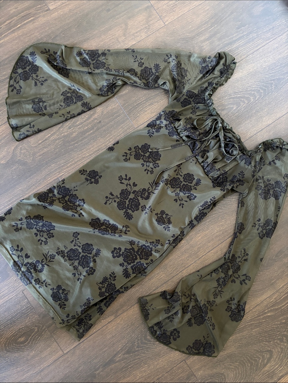 Olive Green Bow Floral Sheer Dress with Flowy Bell Sleeves Smock Neckline Small
